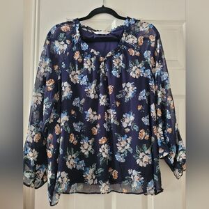 LC Lauren Conrad Navy Floral Blouse